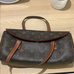 Vintage Louis Vuitton Brown Monogram Canvas Handbag with Red Trim